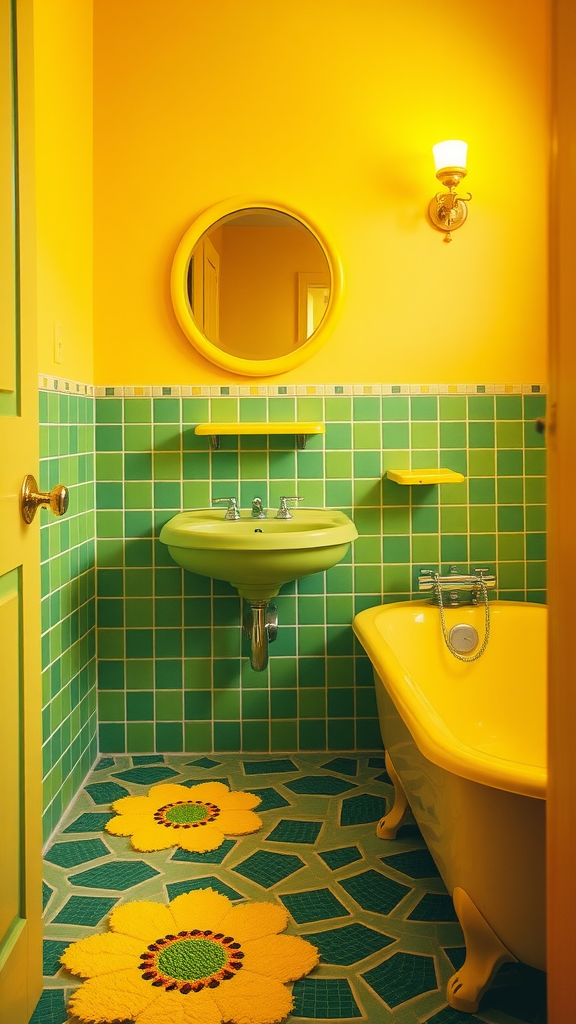 A retro bathroom with sunflower yellow walls, green tiles, and a yellow and green bathtub.