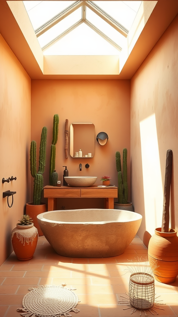 A sunlit bathroom featuring a stone bathtub, wooden vanity, and desert plants.