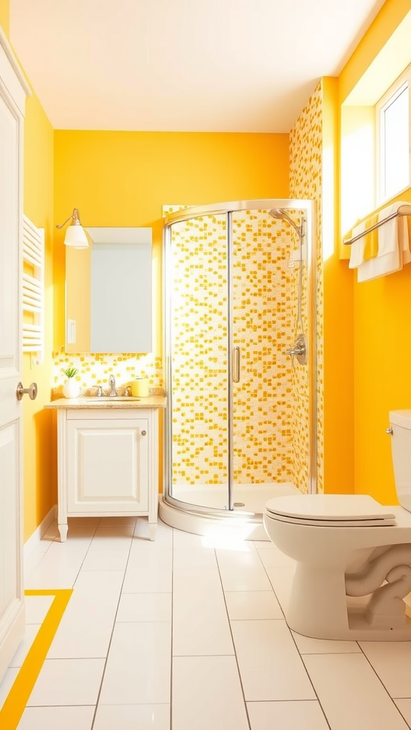 A bright bathroom with sunlit yellow walls, white fixtures, and colorful tile accents.