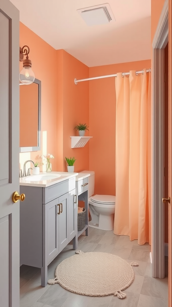 A small bathroom featuring sunny peach walls and a light gray vanity, with soft textures and plants for decor.