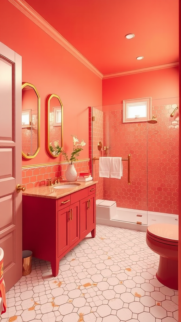 A vibrant bathroom featuring sunset coral walls, gold accents, and hexagonal tiles.