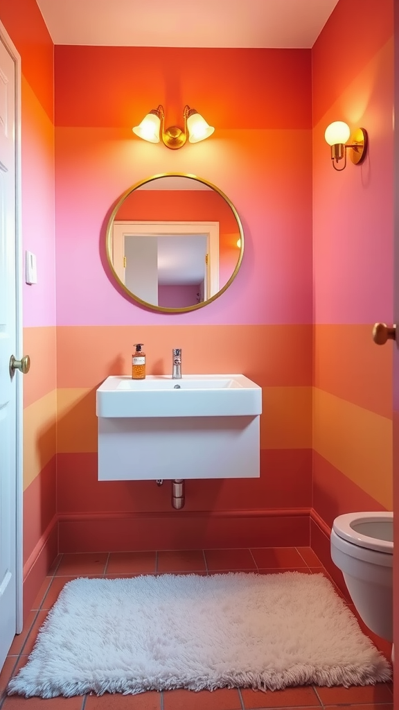 Bathroom with sunset inspired colors, featuring gradient walls in pink and orange, a round mirror, minimalist sink, and a fluffy white rug.