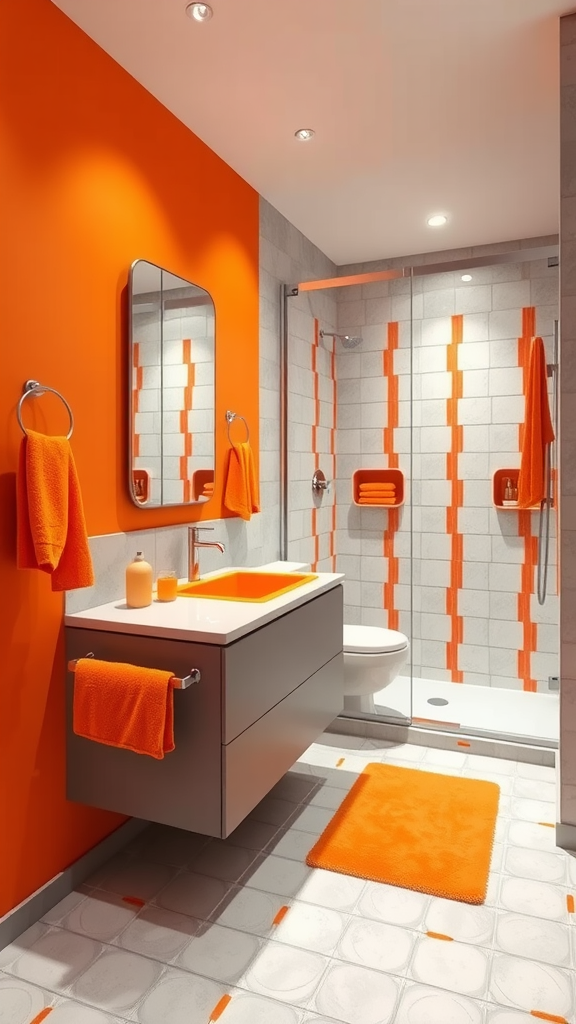 A modern bathroom featuring a sunset orange wall, gray vanity, and orange accents.