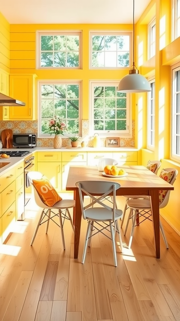 Bright yellow kitchen and dining area with large windows and a wooden table.