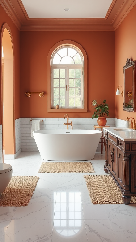 A beautifully designed bathroom featuring terra cotta walls, white marble flooring, and a freestanding tub.