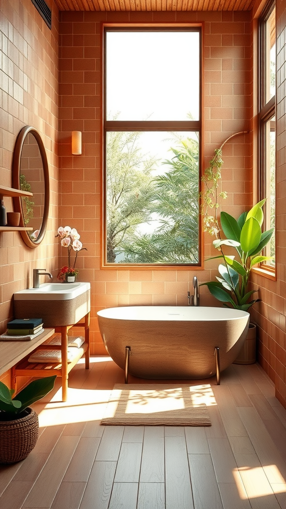 A bathroom featuring terracotta tiles, bamboo accents, large window, freestanding bathtub, and plants, creating a serene and earthy atmosphere.