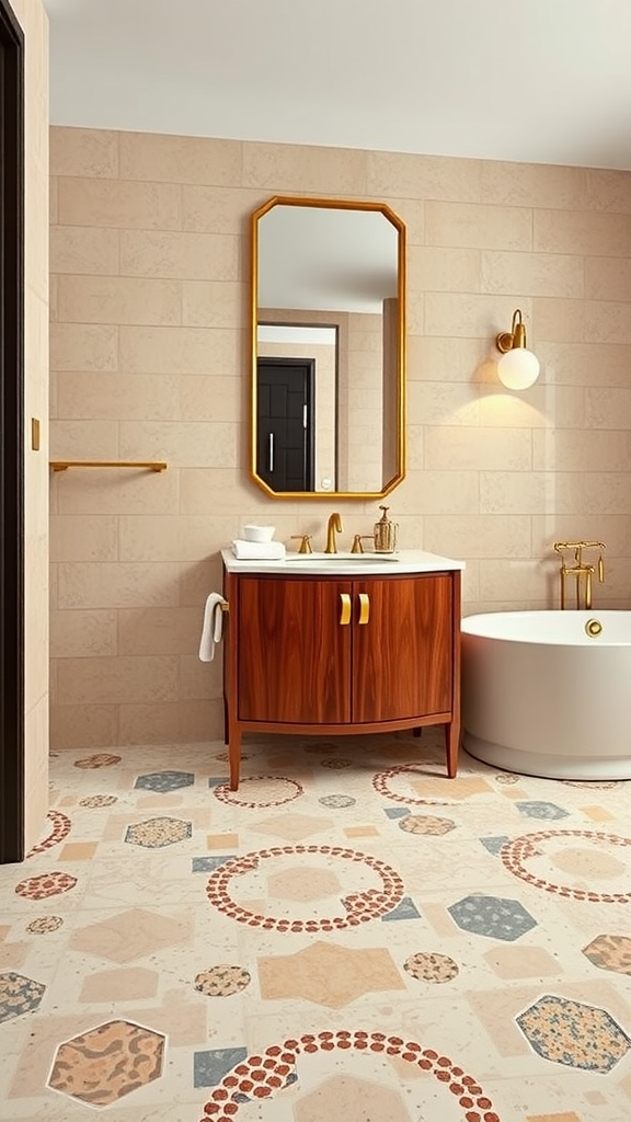 A 70s inspired bathroom featuring terrazzo flooring and brass fixtures.