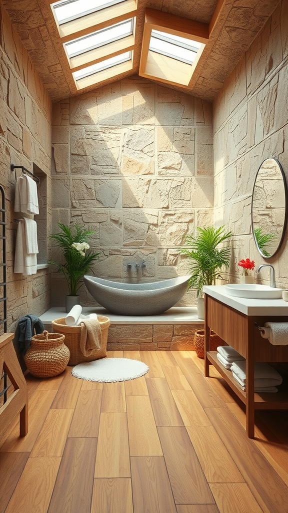 A stylish bathroom with stone walls, a freestanding bathtub, wooden flooring, and skylights.