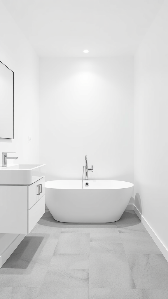 A minimalist bathroom featuring a freestanding tub, modern fixtures, and a gray tiled floor.