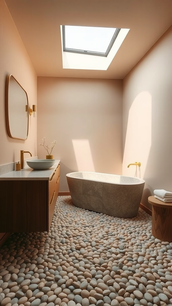 A luxurious bathroom featuring a pebble floor, freestanding tub, and warm pink walls.