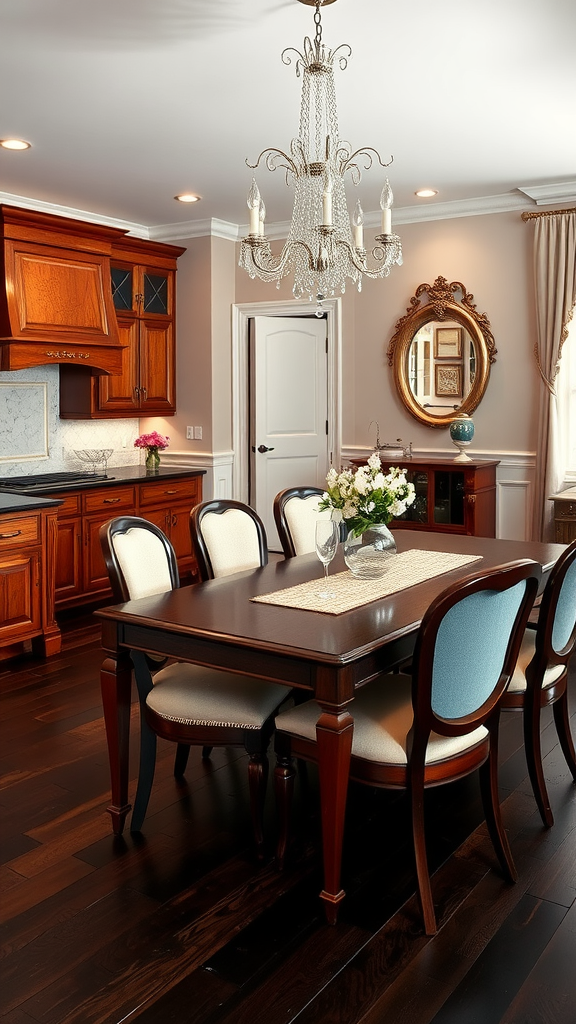 A traditional kitchen and dining room combo showcasing wooden cabinets, a dining table with elegant chairs, and a chandelier.