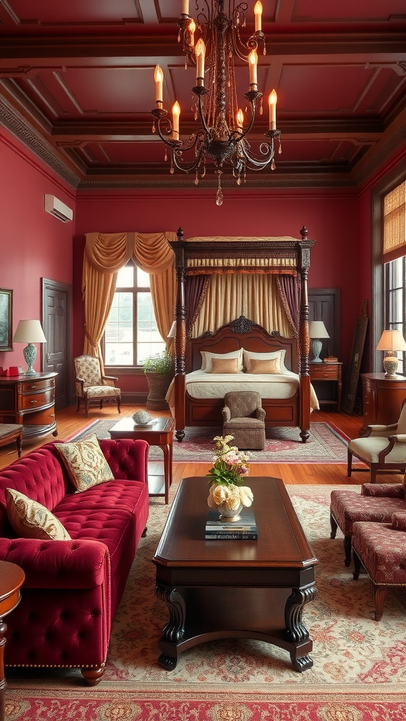 A traditional living room-bedroom combo featuring rich red walls, a four-poster bed, elegant furnishings, and a chandelier.