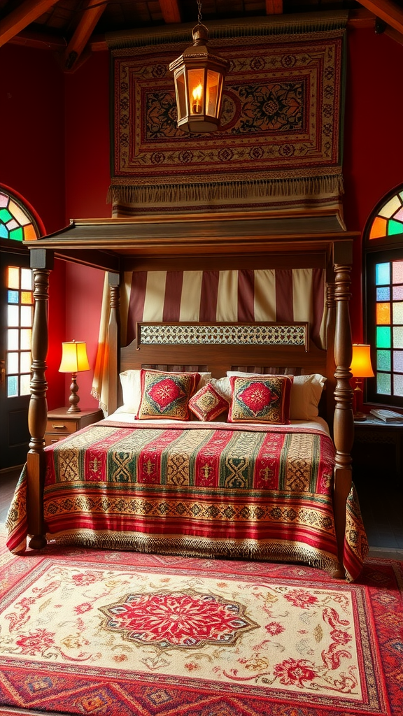 A traditional Moroccan bedroom with a four-poster bed, colorful textiles, and warm red walls.