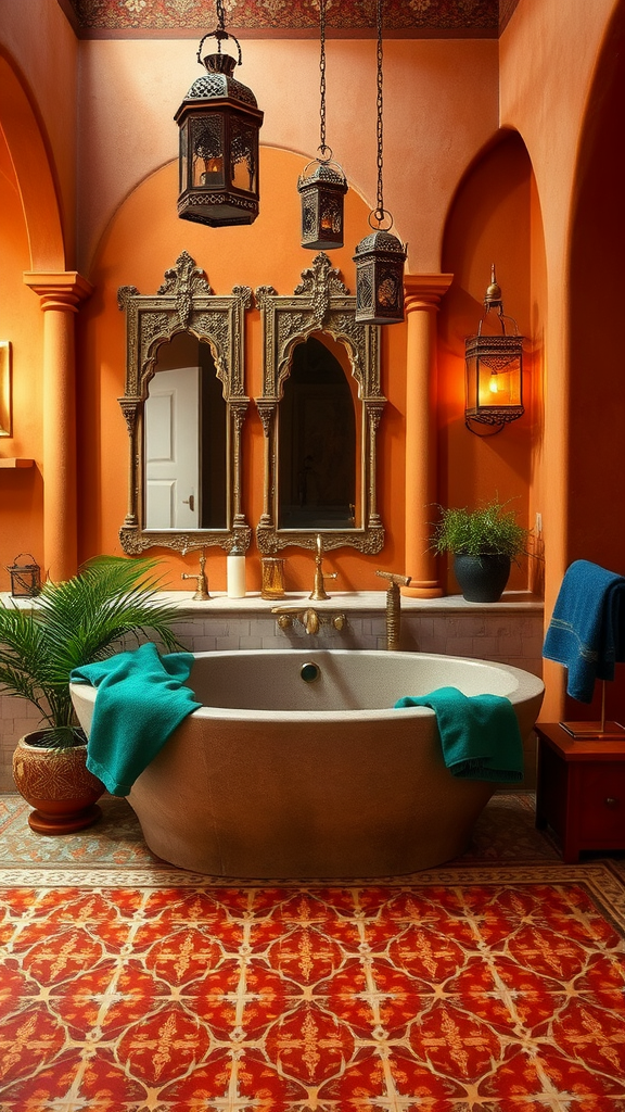 Traditional Moroccan bathroom featuring an orange color scheme, ornate lanterns, a unique bathtub, and patterned tiles.