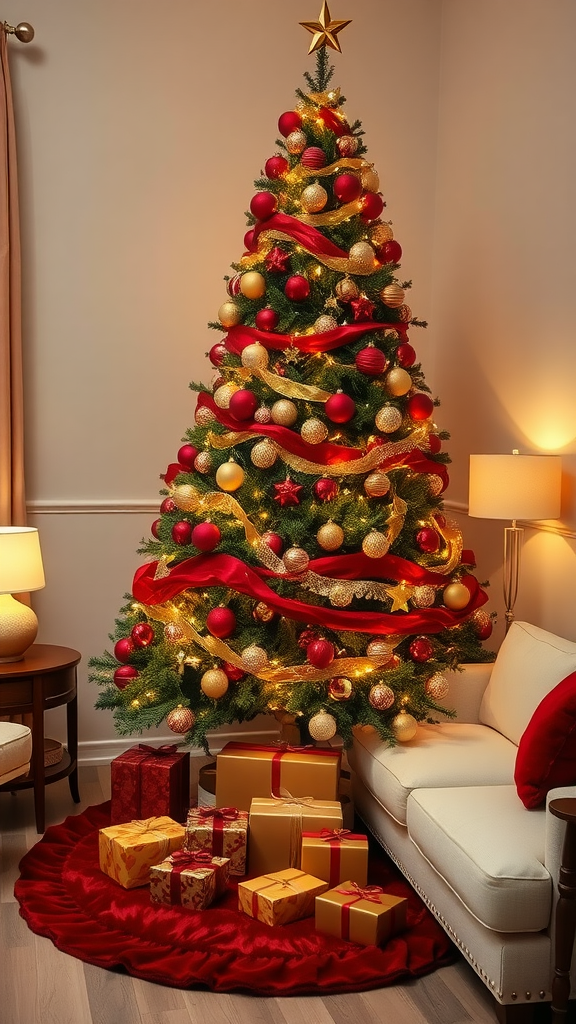 A beautifully decorated Christmas tree with red and gold ornaments, presents underneath, and a cozy living room setting.