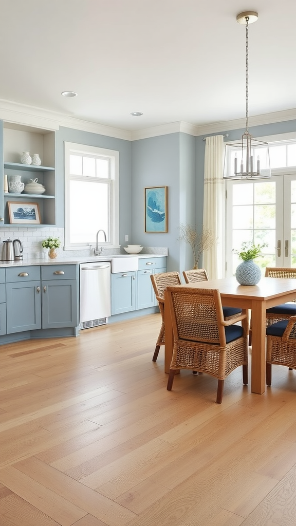 A transitional coastal kitchen and dining area with blue walls and wooden furniture.