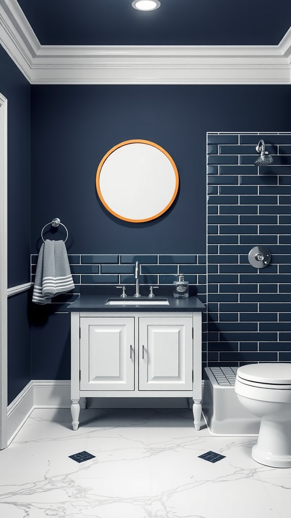 Transitional dark blue bathroom featuring white vanity, dark subway tiles, and marble flooring.