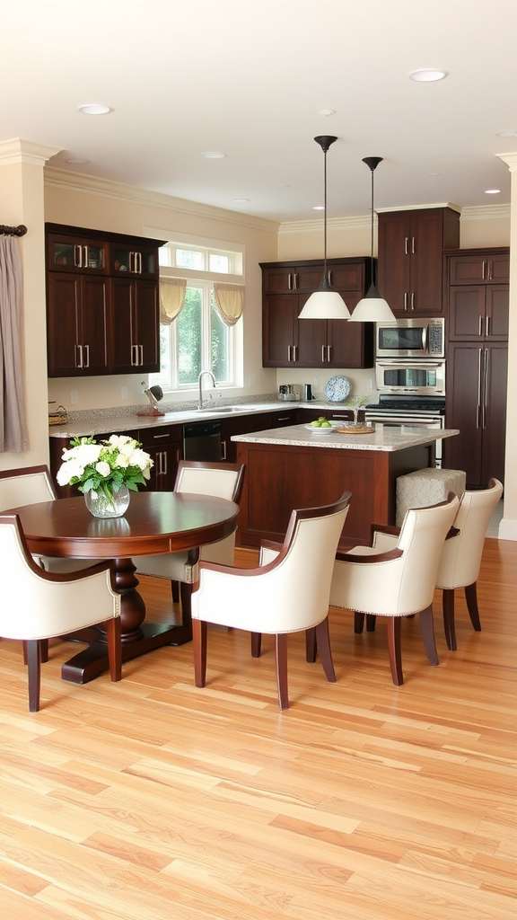 Transitional kitchen and dining area featuring dark cabinets, a round dining table with cream chairs, and warm hardwood flooring.