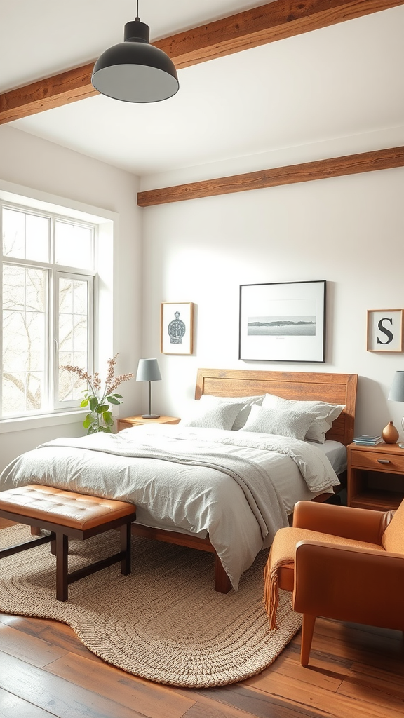 A cozy transitional rustic bedroom featuring wooden beams, a comfortable bed, and warm decor.