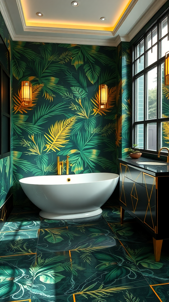 Tropical Art Deco bathroom featuring lush green foliage wallpaper, a freestanding white bathtub, and elegant gold accents.