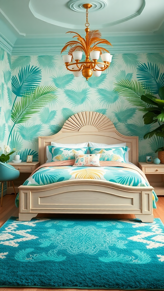 A tropical-themed Art Deco bedroom featuring palm leaf wallpaper, a stylish chandelier, and vibrant bedding.