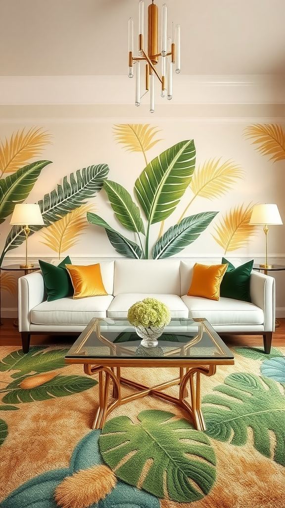 A stylish living room featuring tropical palm motifs, a white sofa with colorful cushions, a glass coffee table, and a chandelier.