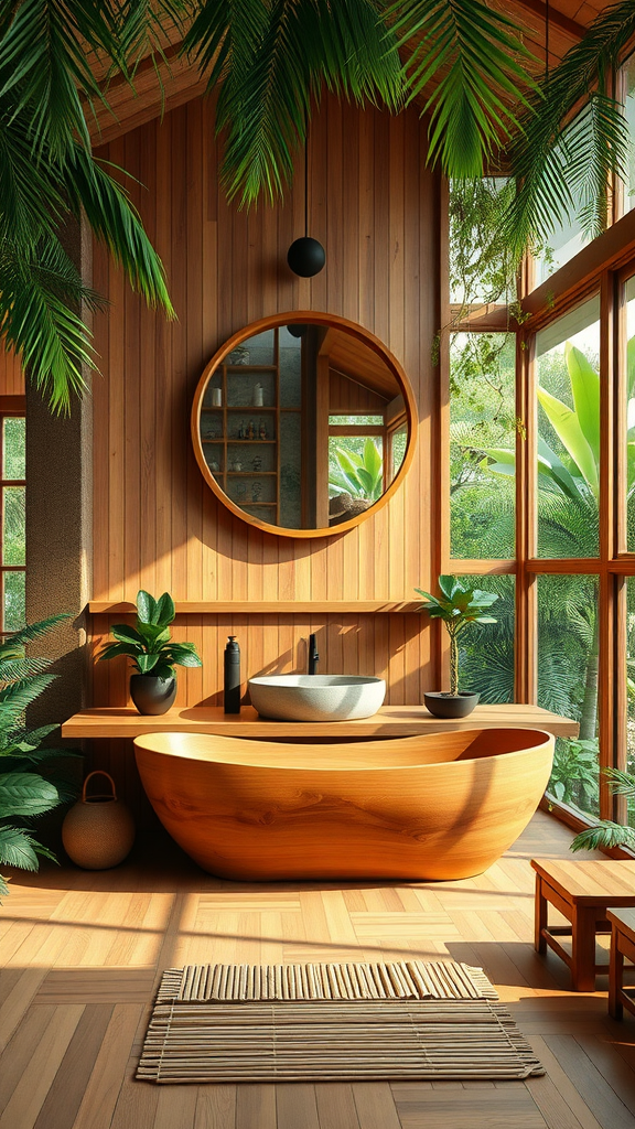 A beautifully designed tropical bathroom with wooden walls, plants, and a smooth bathtub