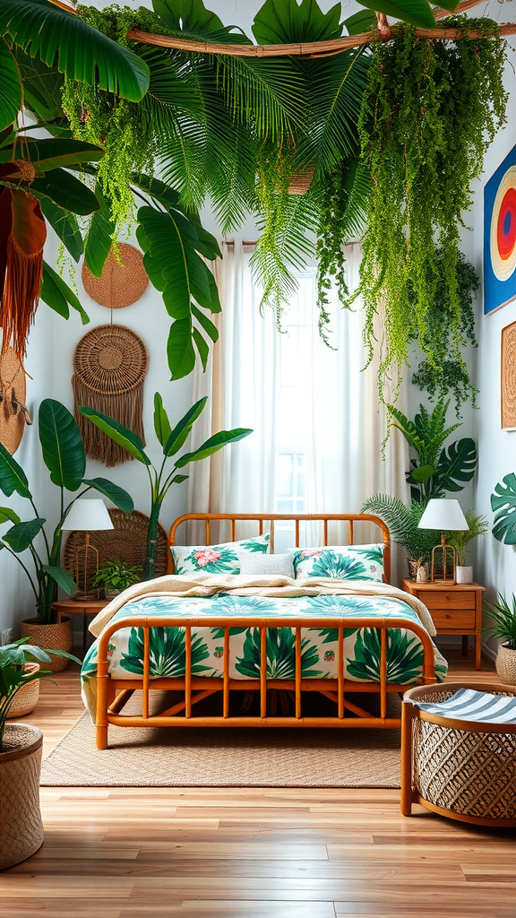 A bright and inviting tropical bohemian bedroom with lush plants, a bamboo bed, and colorful bedding.