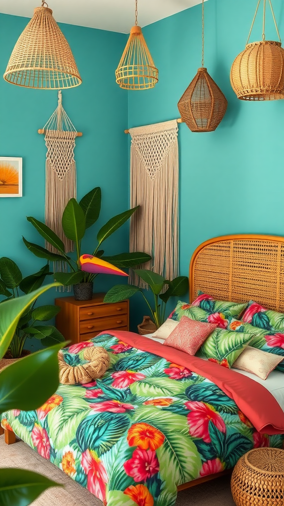 A vibrant tropical bohemian bedroom featuring floral bedding, turquoise walls, and natural decor elements.