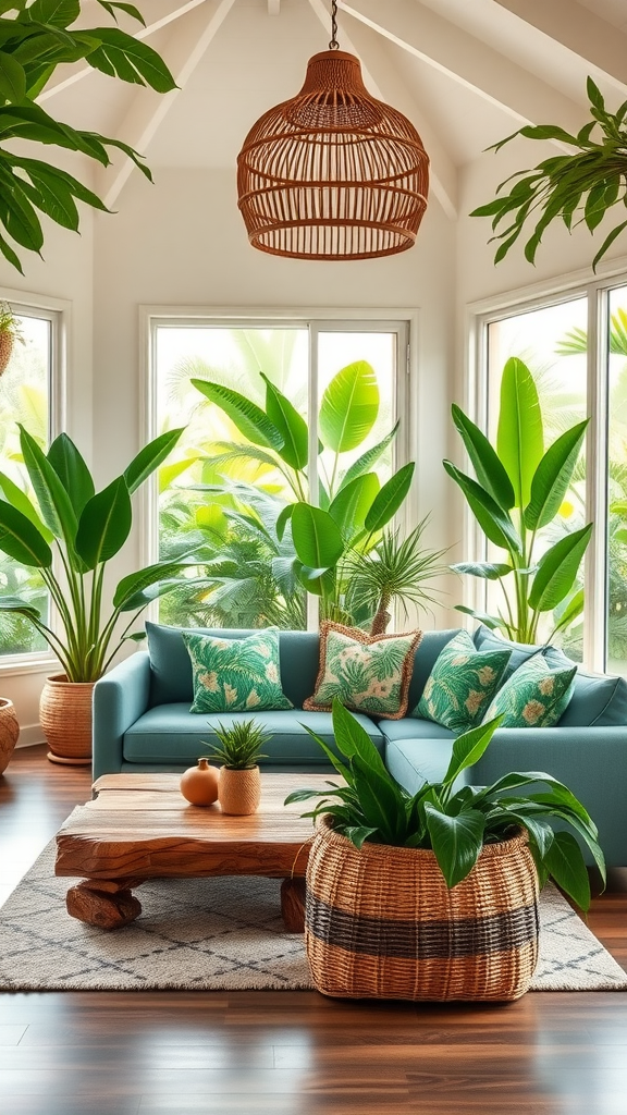 A beautifully designed tropical cottage living room featuring a blue sofa, vibrant pillows, a wooden coffee table, and lush green plants.