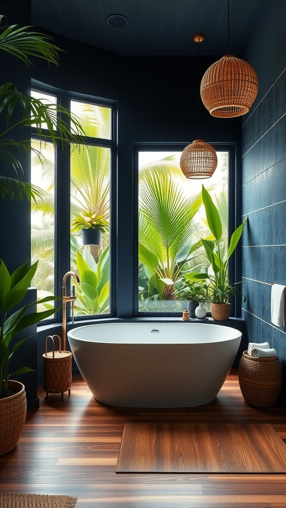 A tropical dark blue bathroom featuring large windows with greenery, a freestanding tub, and natural decor.