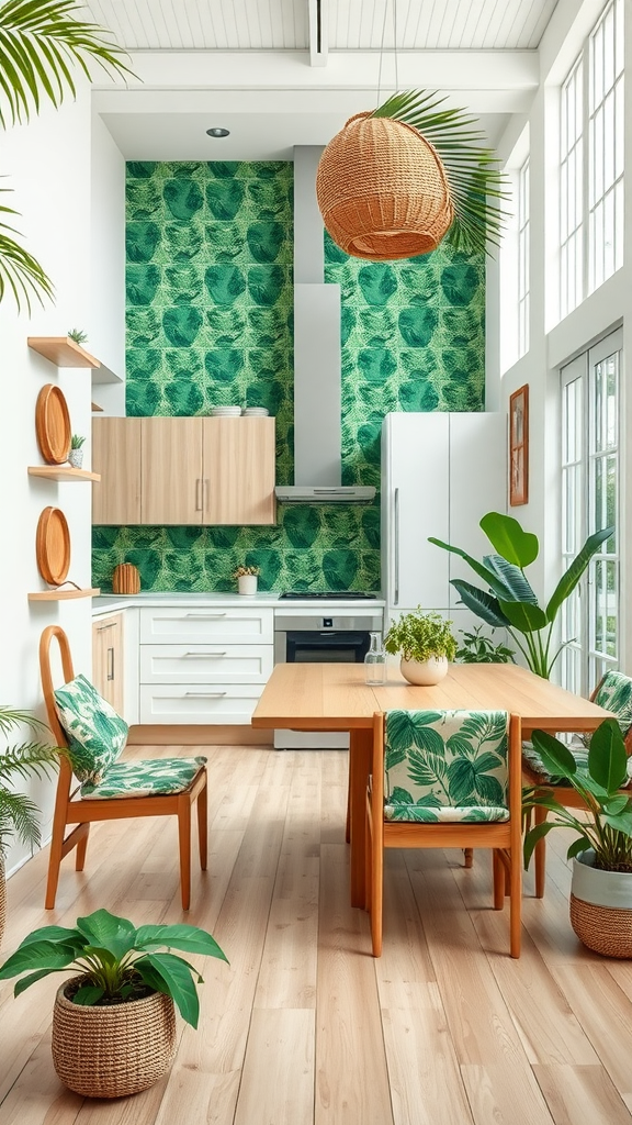 A modern kitchen and dining area with tropical decor, featuring green leaf-patterned wallpaper and wooden furniture.