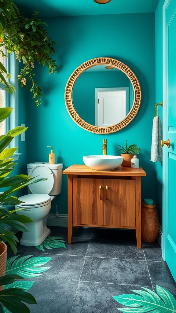 A vibrant half bathroom with teal walls, a round mirror, wooden vanity, and lush greenery.