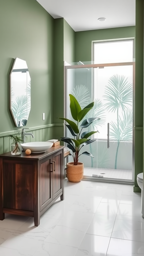 A bathroom featuring Tropical Palm Green walls, a wooden vanity, potted plants, and large windows with a view of palm trees.