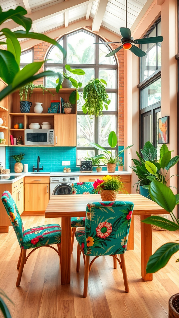 A bright, tropical kitchen and dining room combo with floral chairs, wooden table, and green plants.