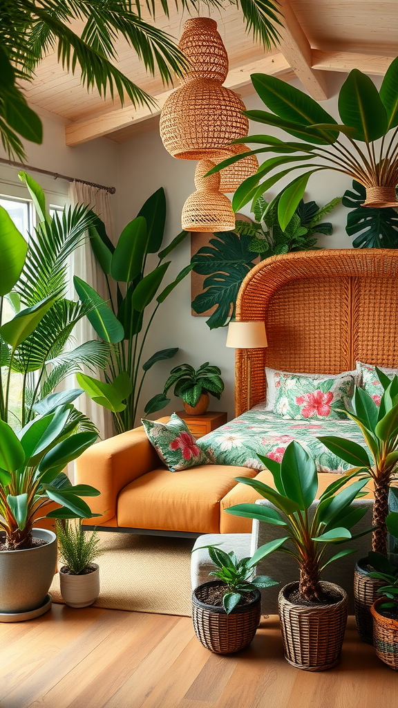 A tropical living room-bedroom combo featuring a cozy orange sofa, floral bedding, and plenty of green plants.