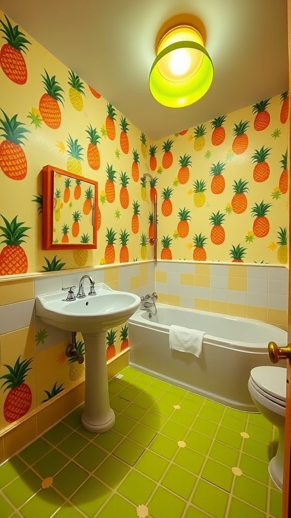 A bright and colorful bathroom with pineapple print wallpaper and green tiled floor.