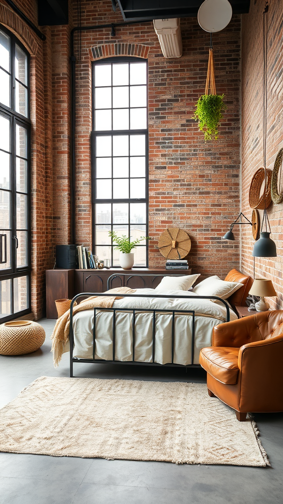 A cozy urban boho loft bedroom with exposed brick walls, large windows, and a mix of textured decor.