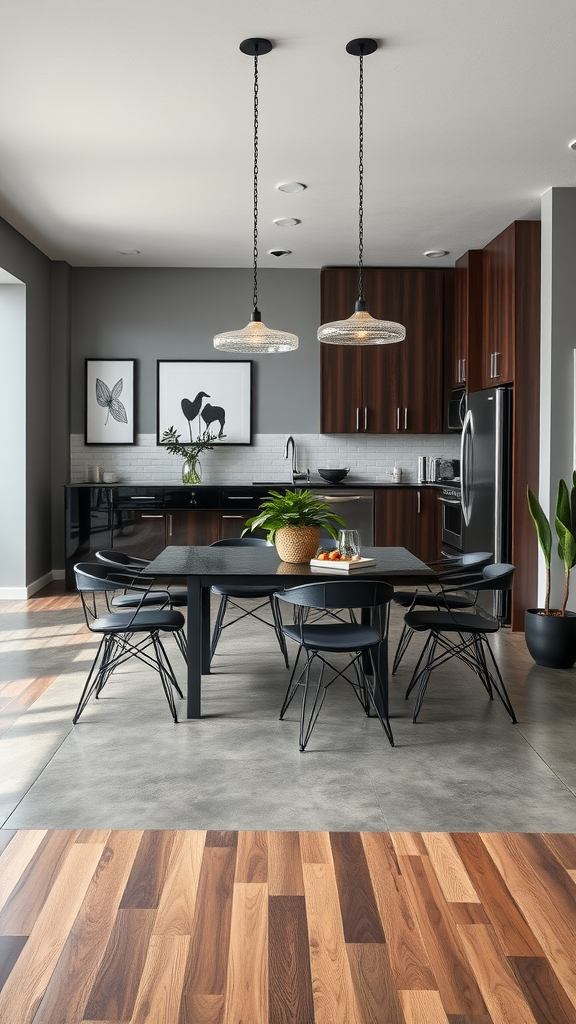 Stylish urban kitchen and dining area with modern decor, featuring a black table and minimalist chairs.