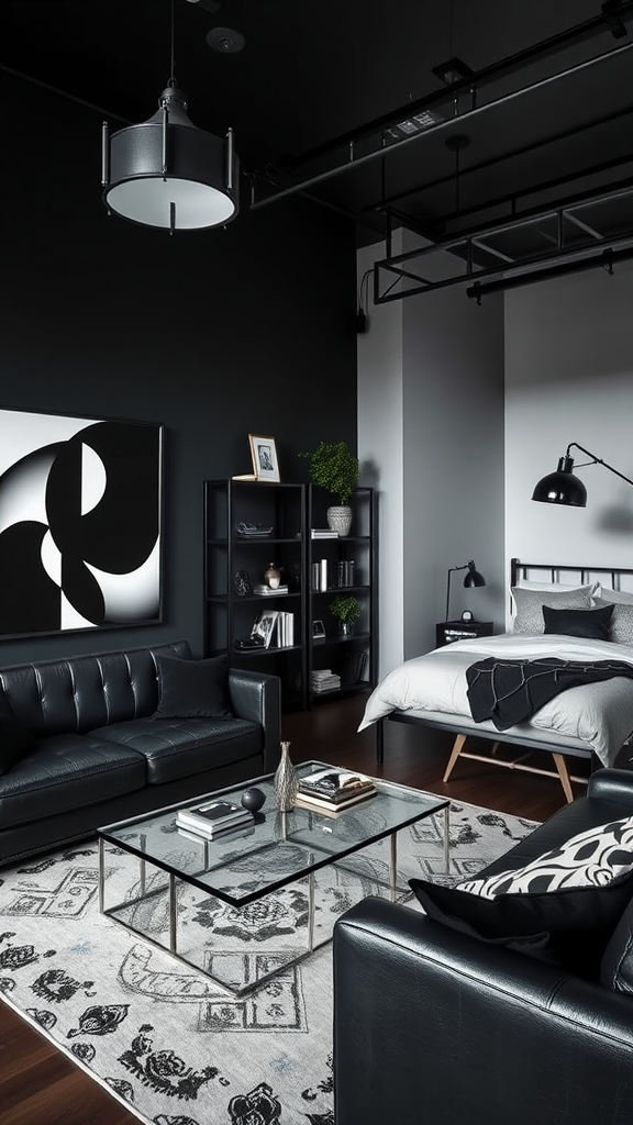 A stylish urban living room-bedroom combo featuring black furniture, a glass coffee table, and modern decor.