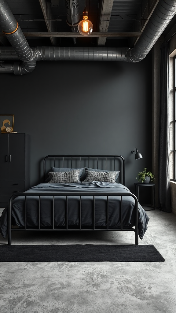 An urban dark bedroom with a black metal bed frame, industrial light fixture, and exposed pipes.