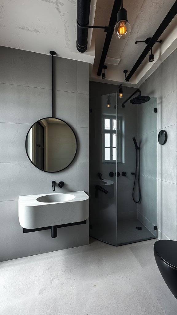 An urban industrial bathroom featuring a concrete sink, grey tiled walls, black fixtures, and a glass shower enclosure.