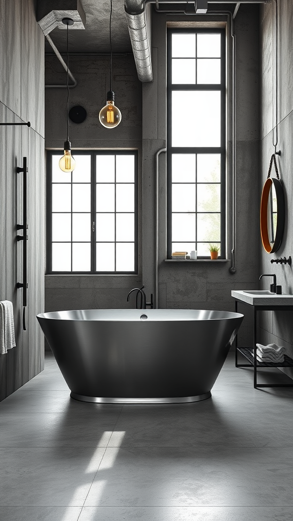 Industrial bathroom featuring a large modern tub, concrete walls, and large windows with natural light.