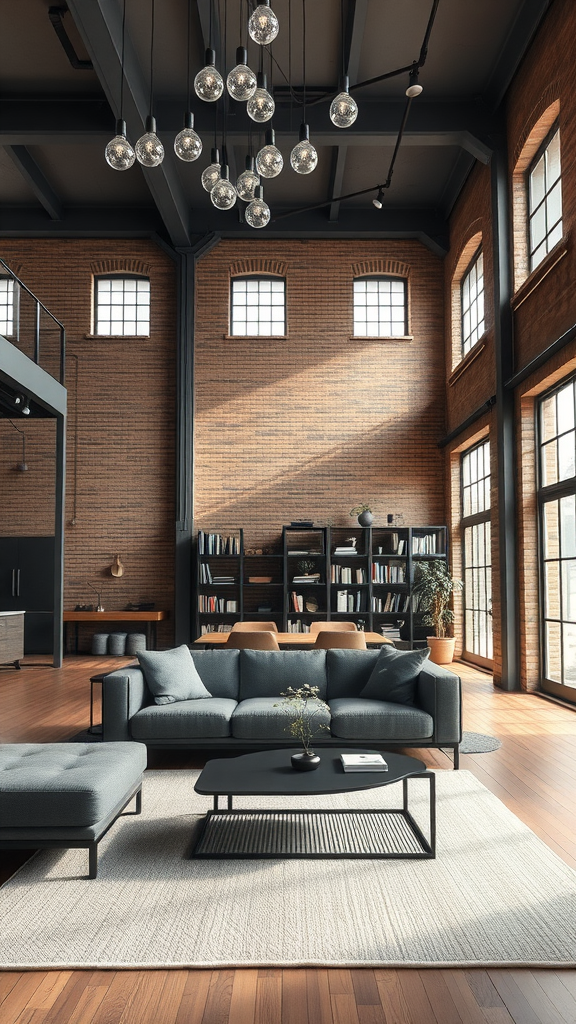 Modern industrial living room with gray sofa, wooden floors, and exposed brick walls