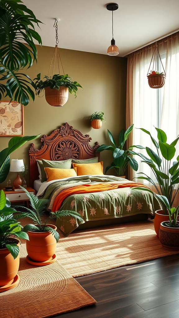 A cozy Urban Jungle bedroom featuring rich green walls, a wooden bed frame, and various indoor plants.