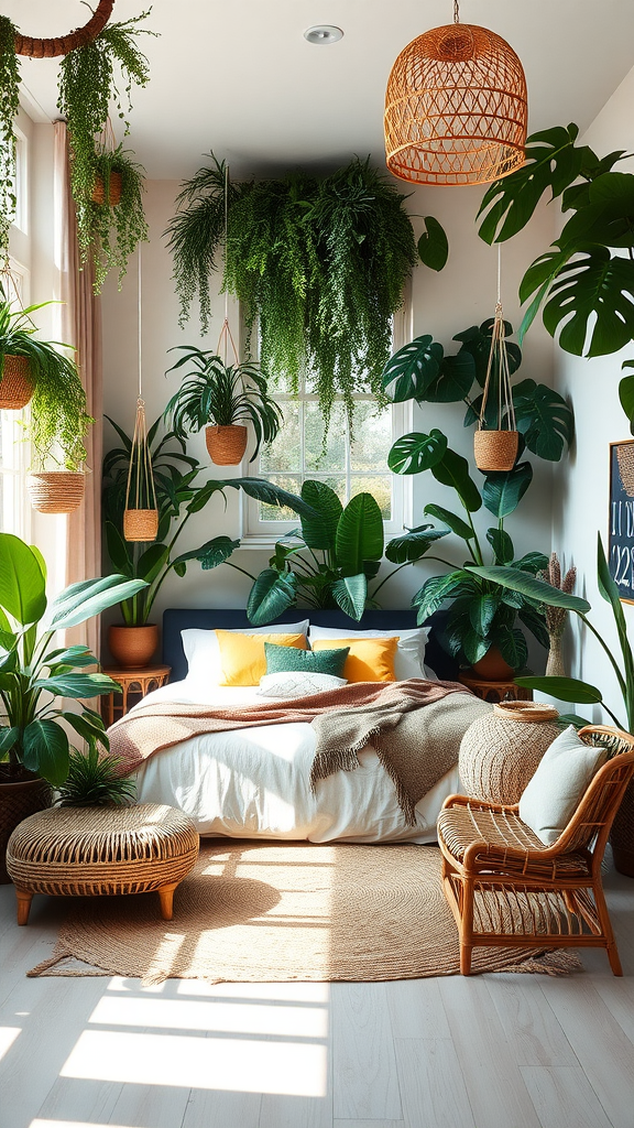 A cozy urban jungle bohemian bedroom filled with plants, a bed with colorful pillows, and natural materials.