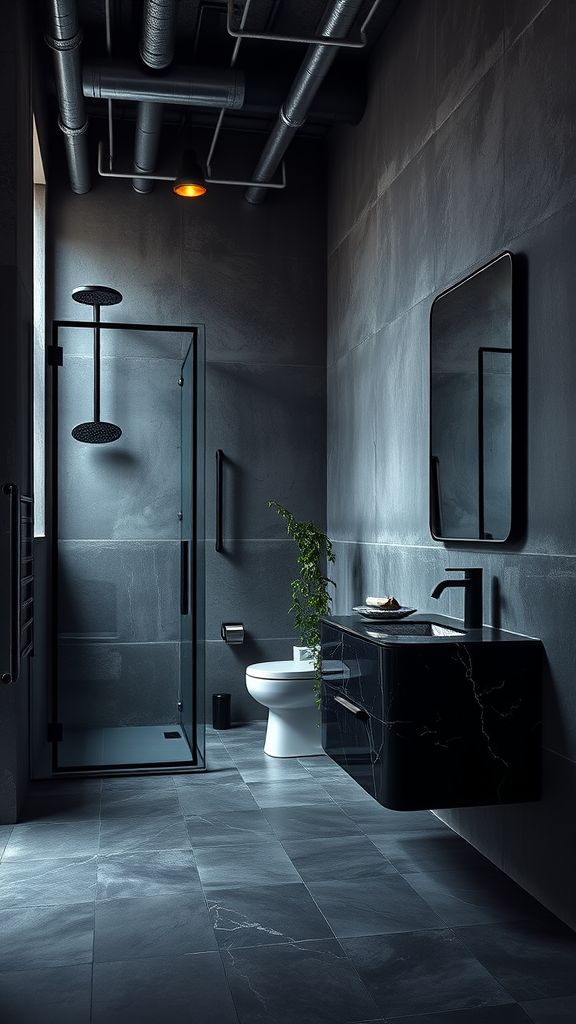 A modern dark grey bathroom featuring a rain shower, black vanity, and industrial elements.