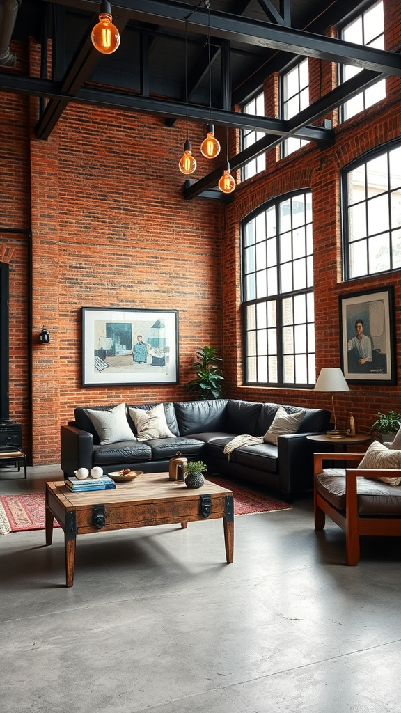 A stylish urban loft living room featuring exposed brick walls, leather couch, wooden coffee table, and warm pendant lighting.