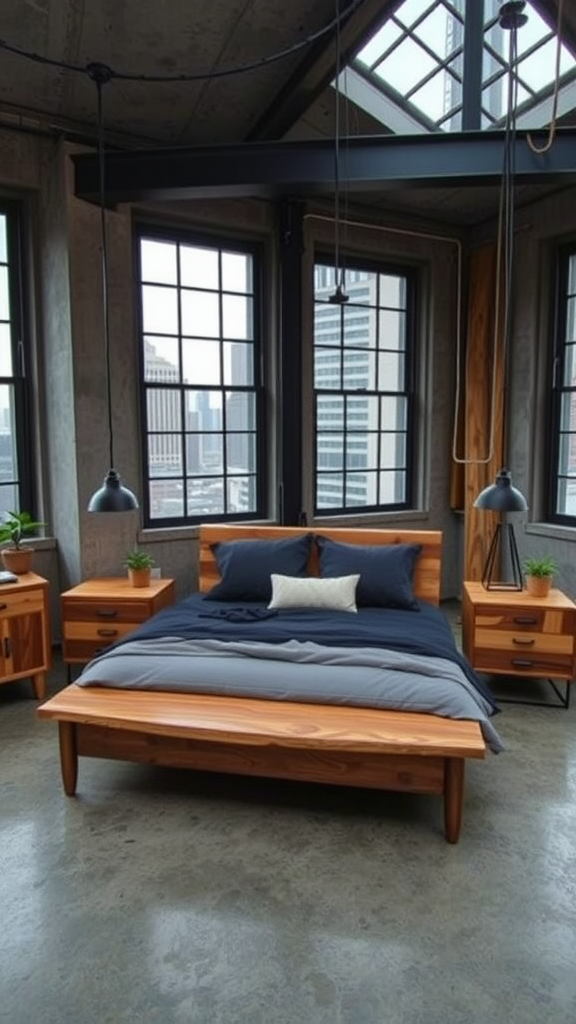 A modern rustic bedroom with a wooden bed, dark blue bedding, and industrial lighting.