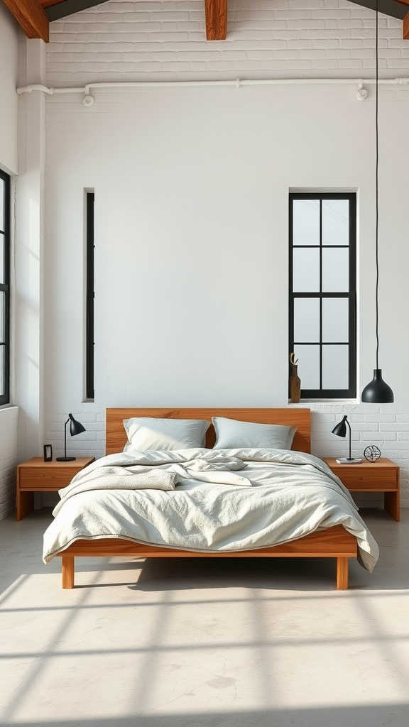 A modern rustic bedroom featuring a wooden bed with light bedding, minimalistic side tables, and large windows that let in natural light.